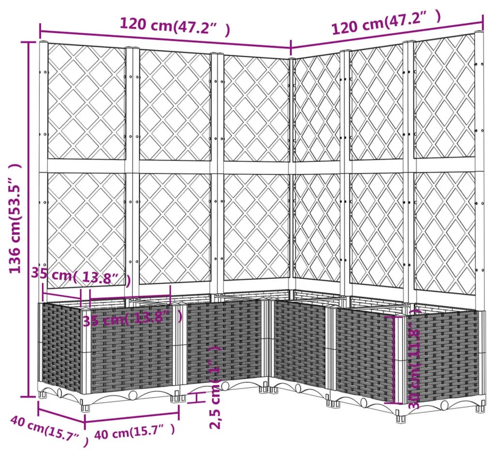 Vaso/floreira jardim c/ treliça 120x120x136 cm PP preto