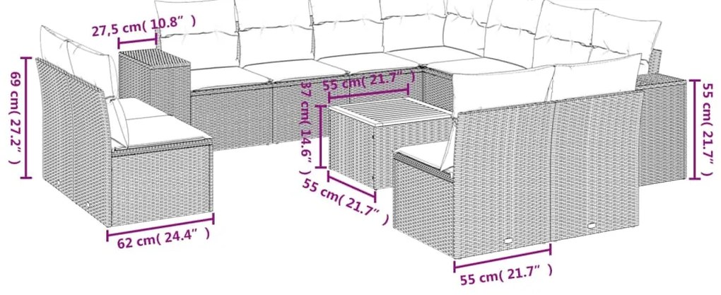 12 pcs conjunto de sofás jardim c/ almofadões vime PE cinzento