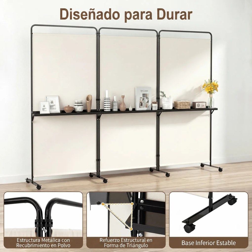 Biombo Dobrável de 3 Painéis, 259 x 44 x 188 cm, 8 Rodas com Travão, Branco