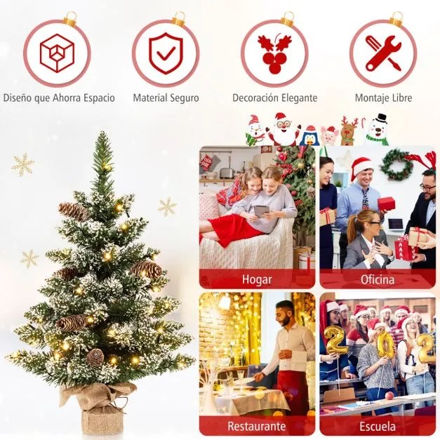 Mini Árvore de Natal de mesa 64 cm Pré-iluminada com 50 Luzes LED 8 Pinhas e Base verde