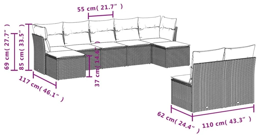 9 pcs conjunto sofás p/ jardim com almofadões vime PE cinzento