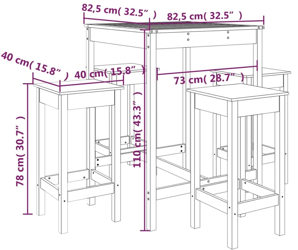 5 pcs conjunto de bar para jardim pinho maciço branco