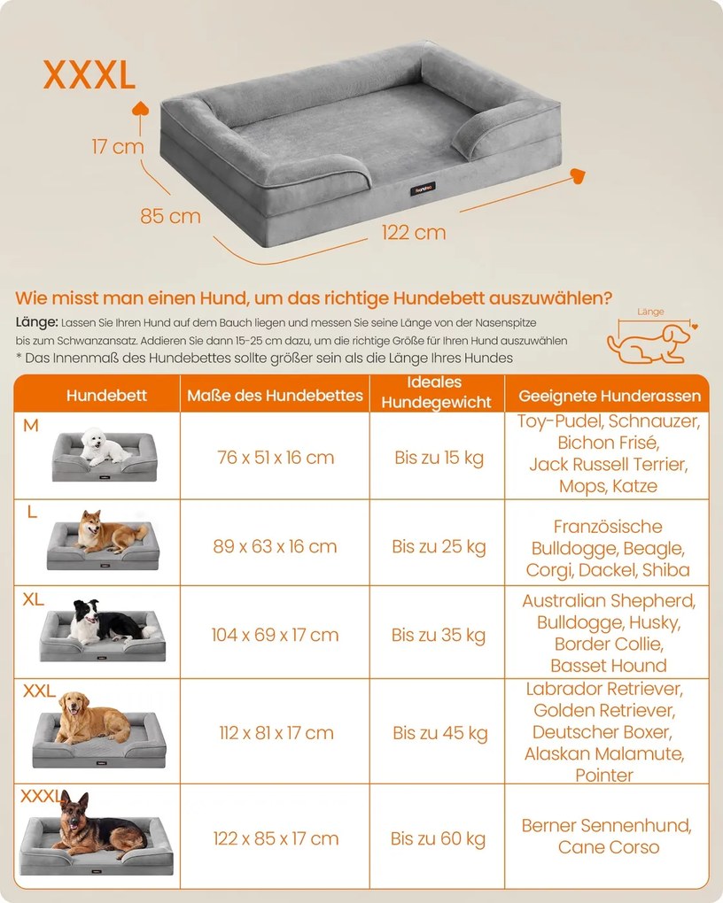 Cama ortopédica para cães, 122 x 85 x 17 cm, com capa removível cinzenta