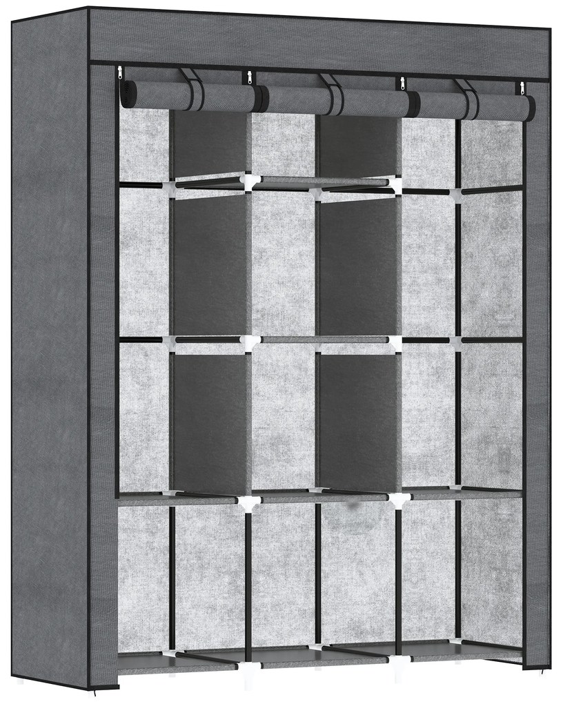 HOMCOM Roupeiro de Tecido Dobrável com 8 Prateleiras de Armazenamento e 2 Barras de Pendurar 125x43x162,5 cm Cinzento | Aosom Portugal