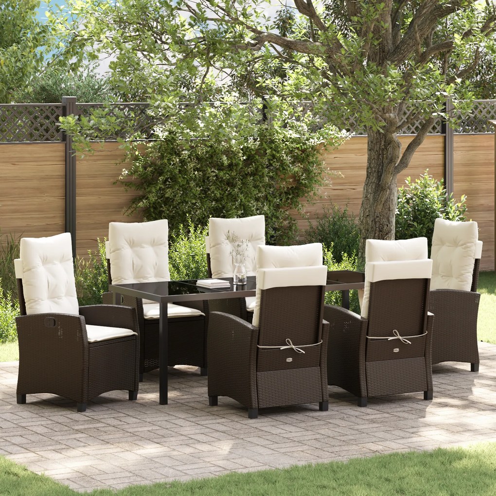 vidaXL Conjunto de Jantar de Jardim de 7 Peças com Almofadas da – Rattan Polipropileno Marrom.