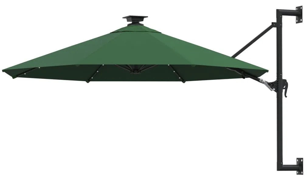 312523 vidaXL Guarda-sol de parede c/ luzes LED e poste metálico 300 cm verde