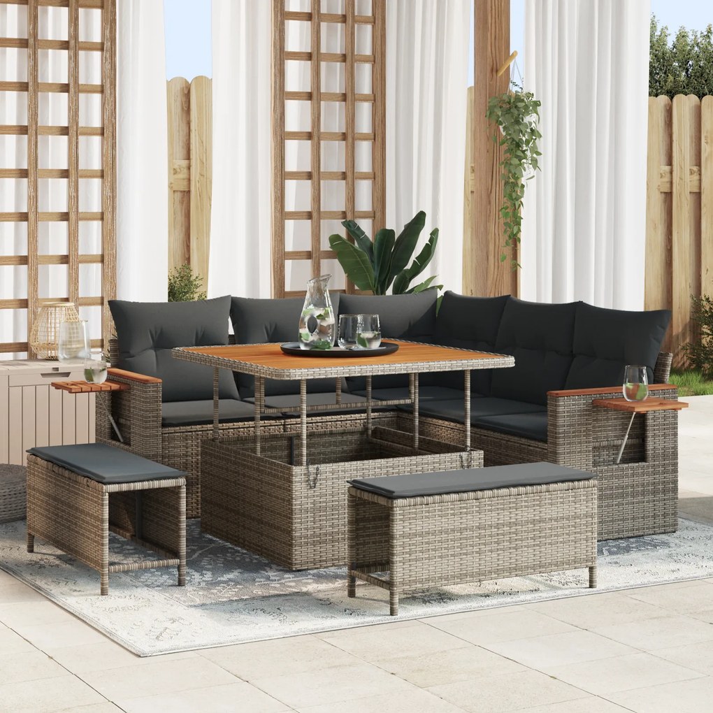 vidaXL Conjunto de Sofá de Jardim de 8 Peças com Almofadas Cinza Polirattan Acácia