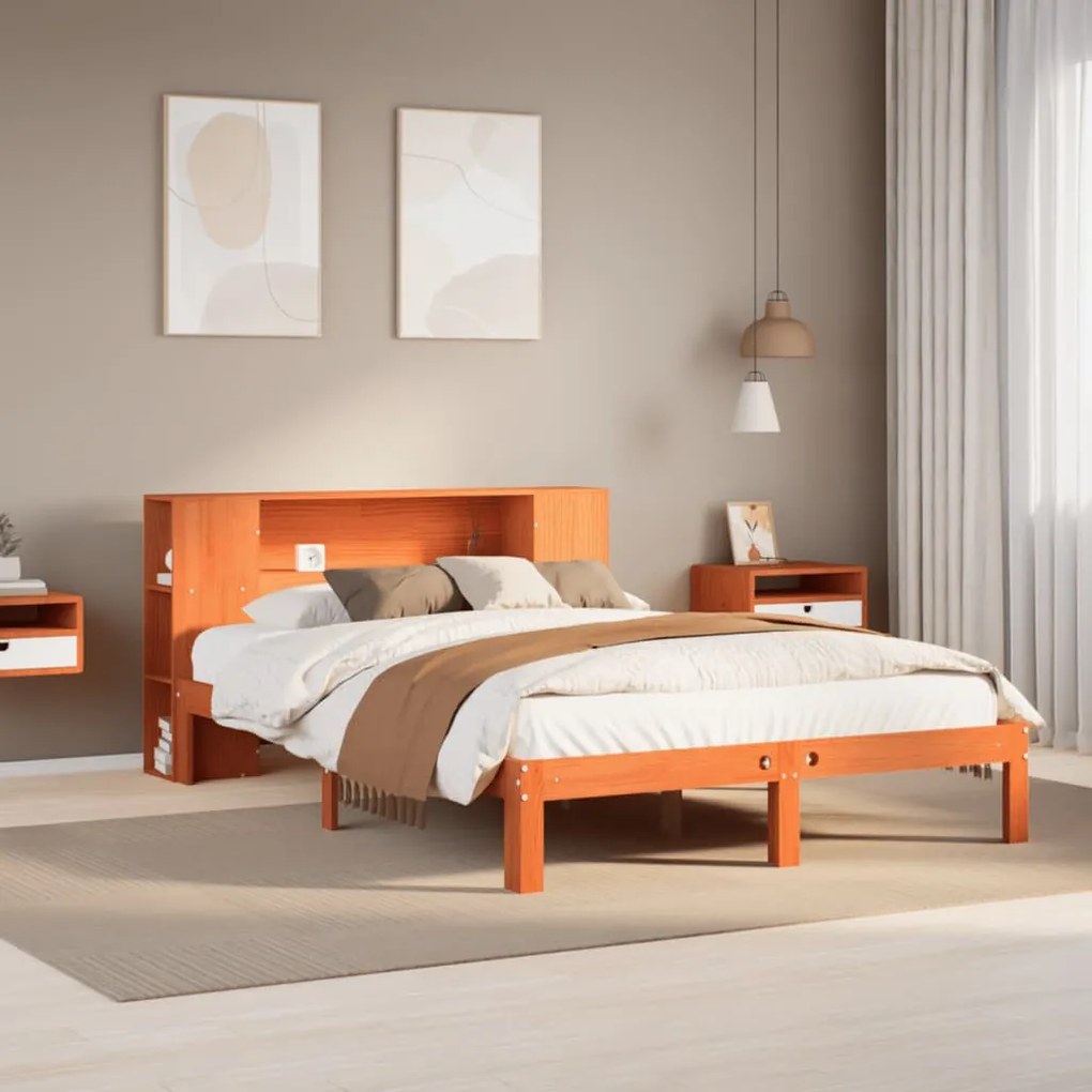 vidaXL Cama com estante sem colchão 140x190 cm pinho maciço