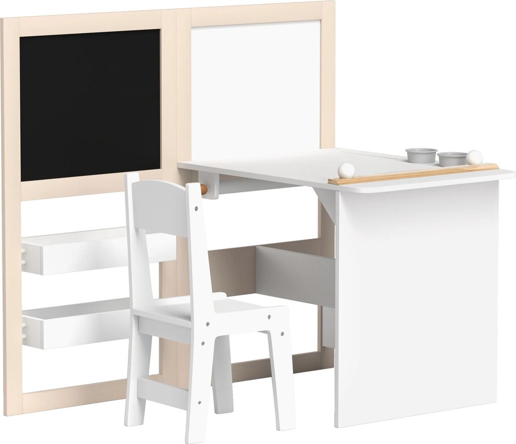Mesa infantil com cadeira 3 em 1, com cavalete dobrável, prateleiras de arrumação e rolo de papel - 3 a 8 anos, branco