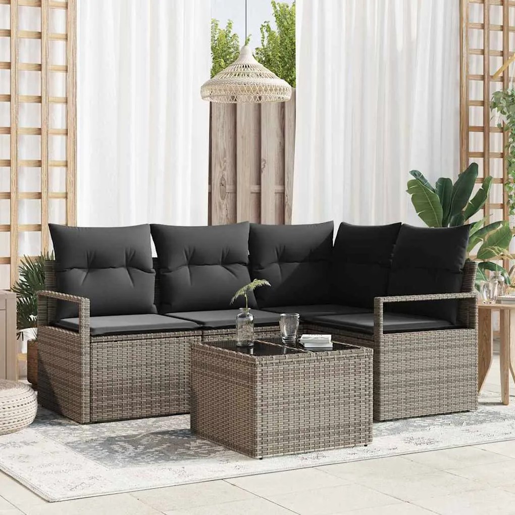 vidaXL Conjunto de sofá de jardim com 4 peças e almofadas em polirattan preto.