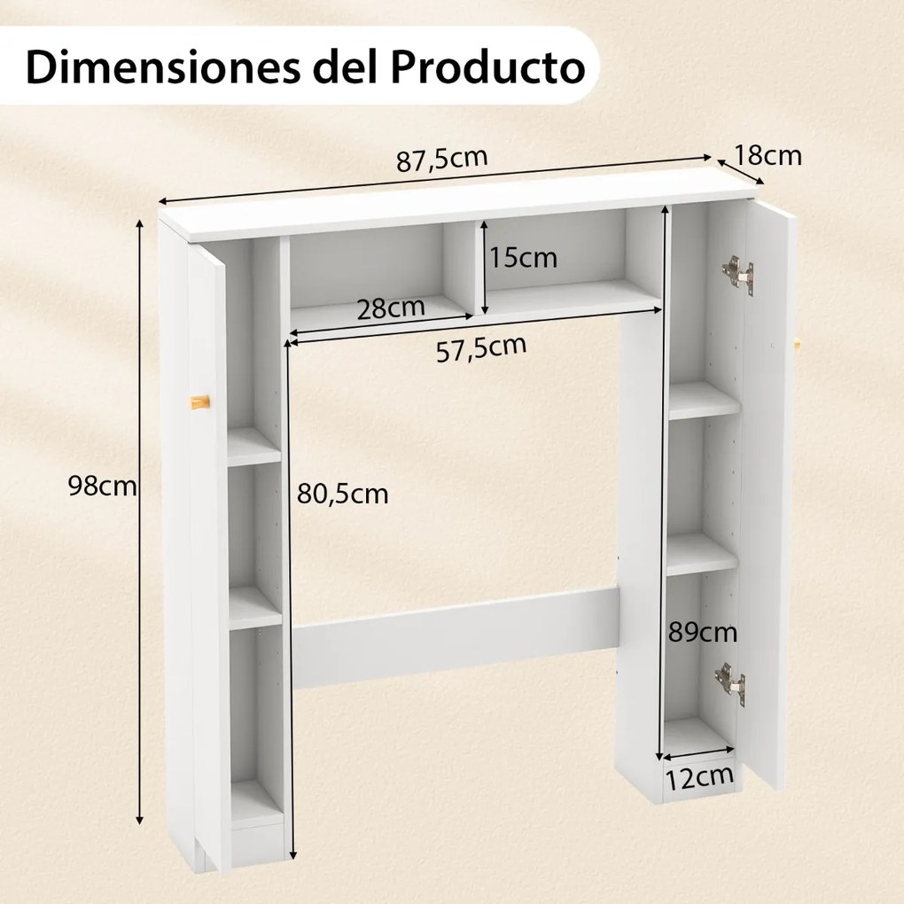 Estante para sanita Organizador de casa de banho com 2 portas e 2 compartimentos abertos 87,5 x 18 x 98 cm Branco