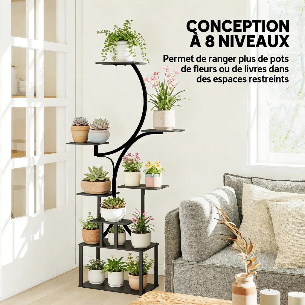 Estante para flores em metal com 8 níveis, estante para plantas em forma de S com 158,5 cm, para interior e exterior, preta