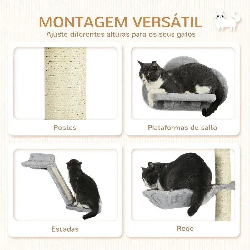 Conjunto de Prateleiras de Escalada para Gatos de 3 Peças com Rede Rampa Arranhador Plataforma em Forma de Nuvem para Saltar Cinzento