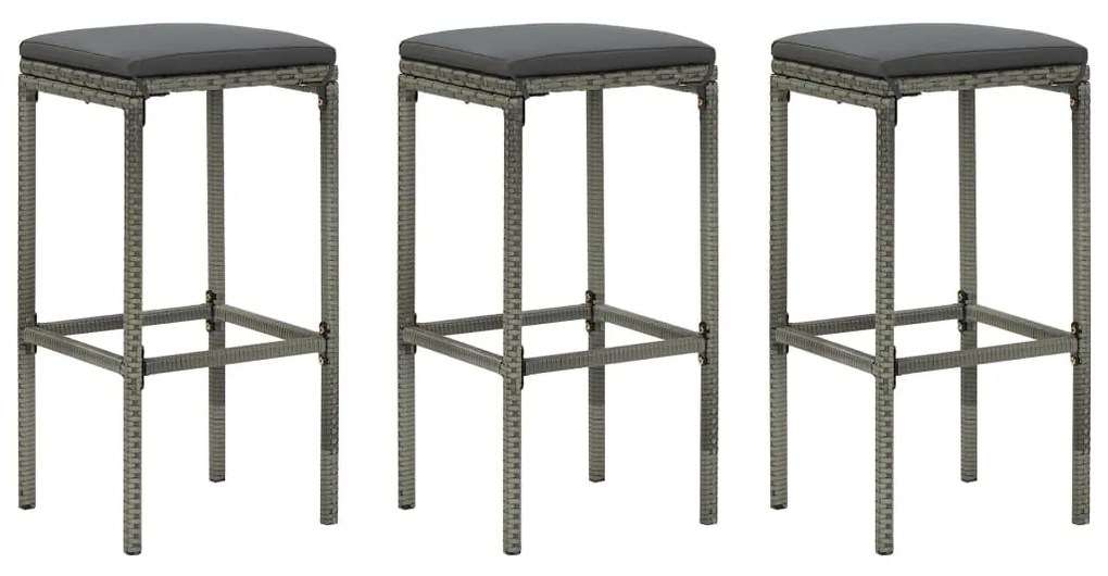 313444 vidaXL Bancos de bar com almofadões 3 pcs vime PE cinzento