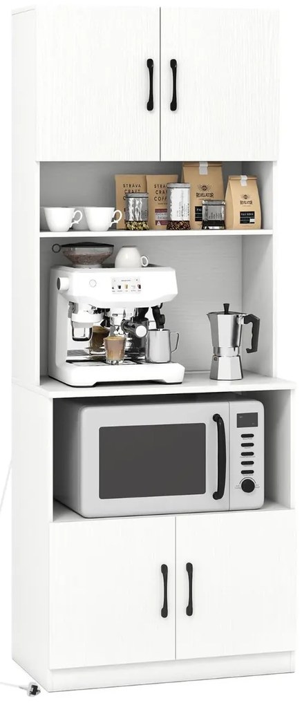 Armário de cozinha 64,5 x 38 x 168 cm com estação de carregamento integrada com 4 portas, 2 prateleiras ajustáveis e bancada para micro-ondas, branco