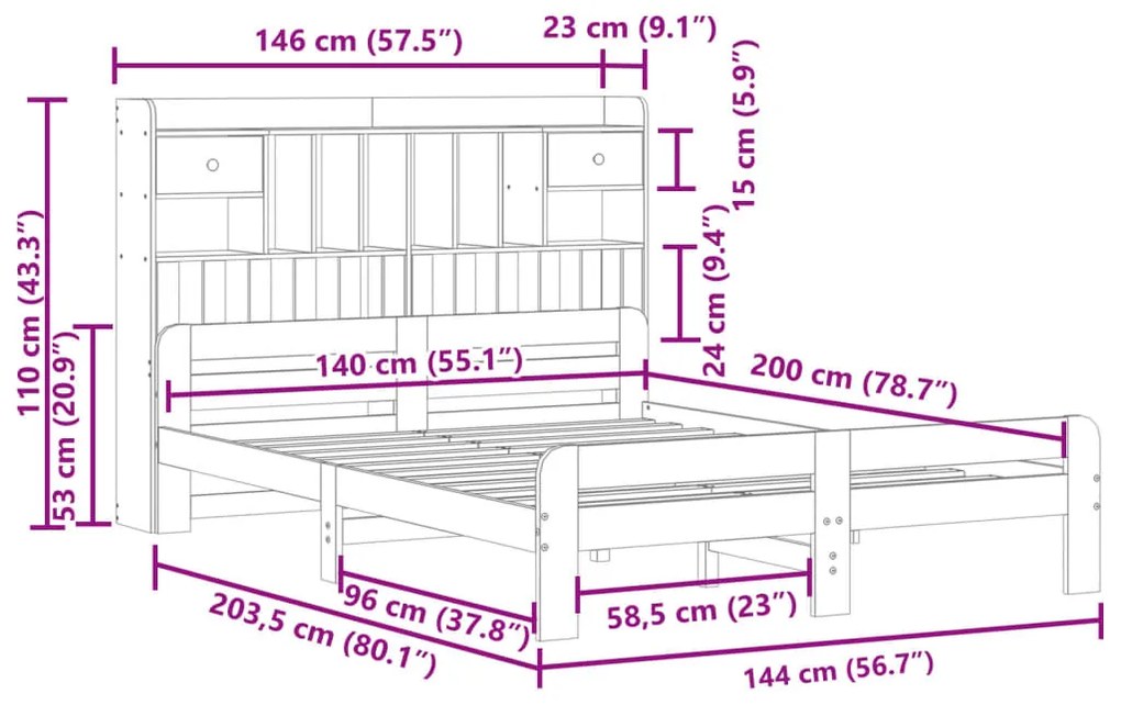 Cama com estante sem colchão 140x200 cm pinho maciço