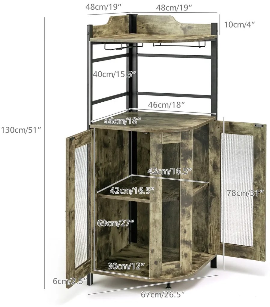 Garrafeira de canto com suporte para copos de vidro Portas em rede metálica Estante ajustável Armário para vinhos ajustável para cozinha Sala de janta