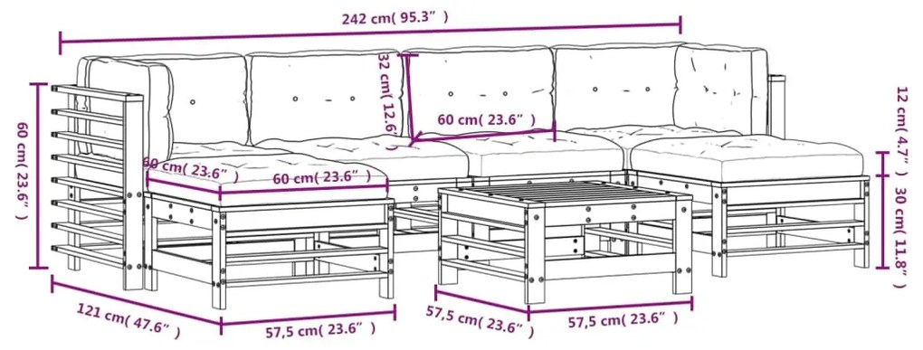 7pcs conj. lounge jardim+almofadões madeira maciça castanho-mel