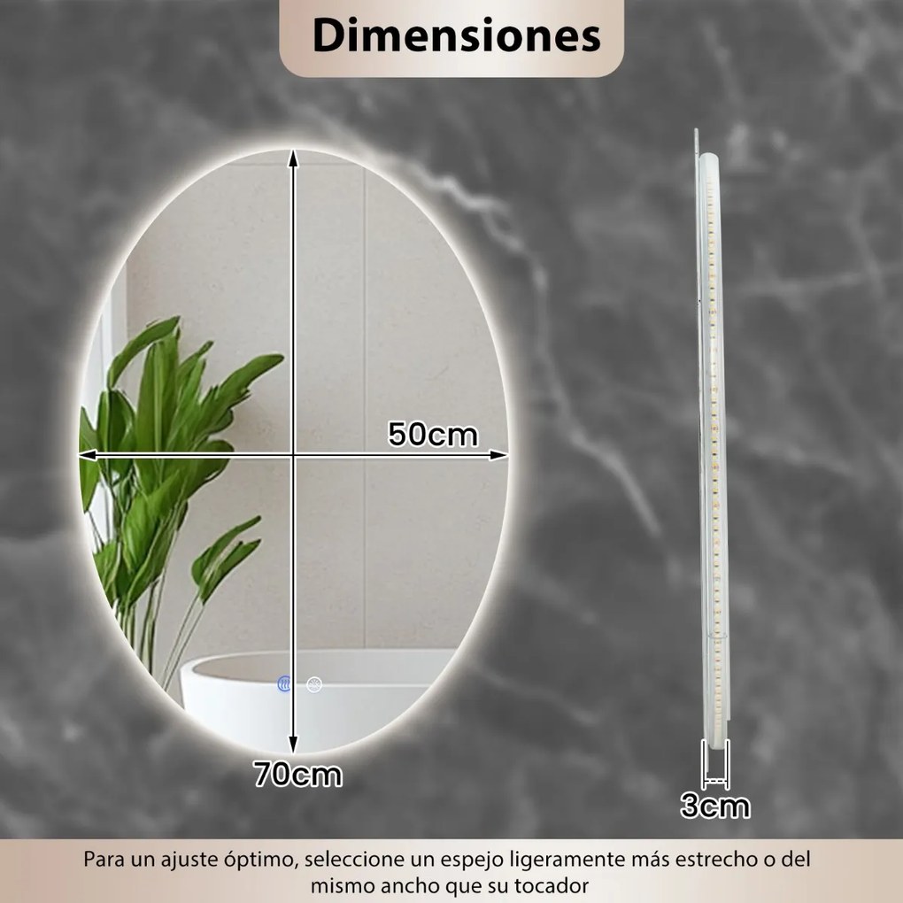 Espelho oval 70 x 50 cm, 3 cores de luz reguláveis, função de memória, espelho de vidro temperado Prata