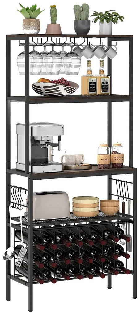 Garrafeira com tomada elétrica 75 x 33 x 165 cm, suportes para copos e chávenas, 3 prateleiras e 8 ganchos para cozinha, castanho