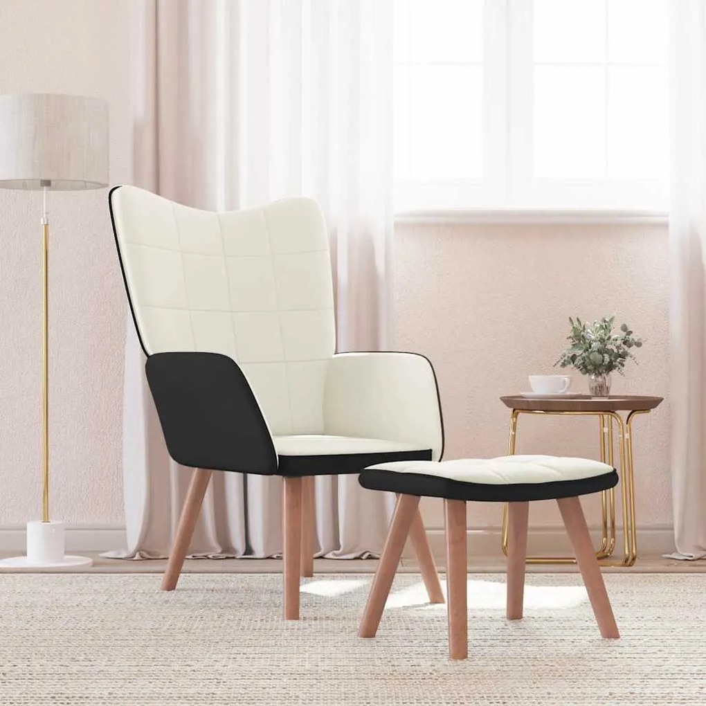 vidaXL Cadeira de descanso com banco PVC e veludo branco nata