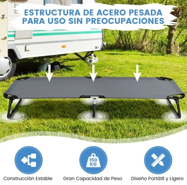 Cama de campismo dobrável de tecido portátil Cama de exterior para dormir Estrutura metálica leve para praia Escritório 191 x 56 x 31 cm Cinzenta