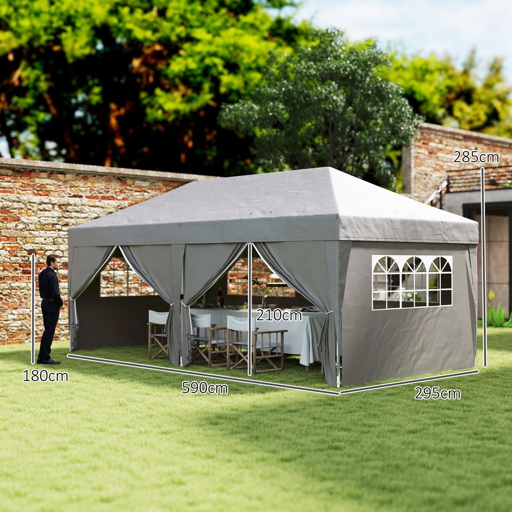 Tenda de jardim para exterior de 3 x 6 m, tenda dobrável com 6 paredes laterais, saco de transporte incluído, cinzento