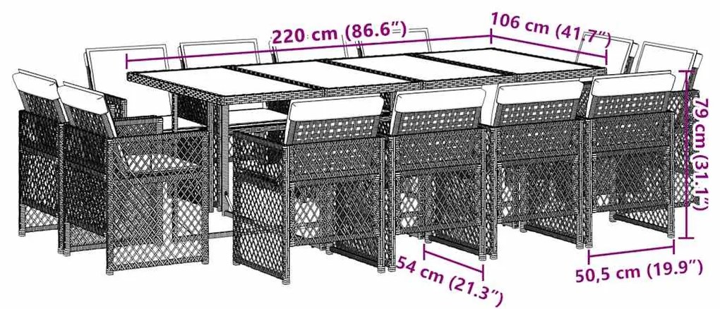 13 pcs conj. jantar jardim c/ almofadões vime PE bege misturado