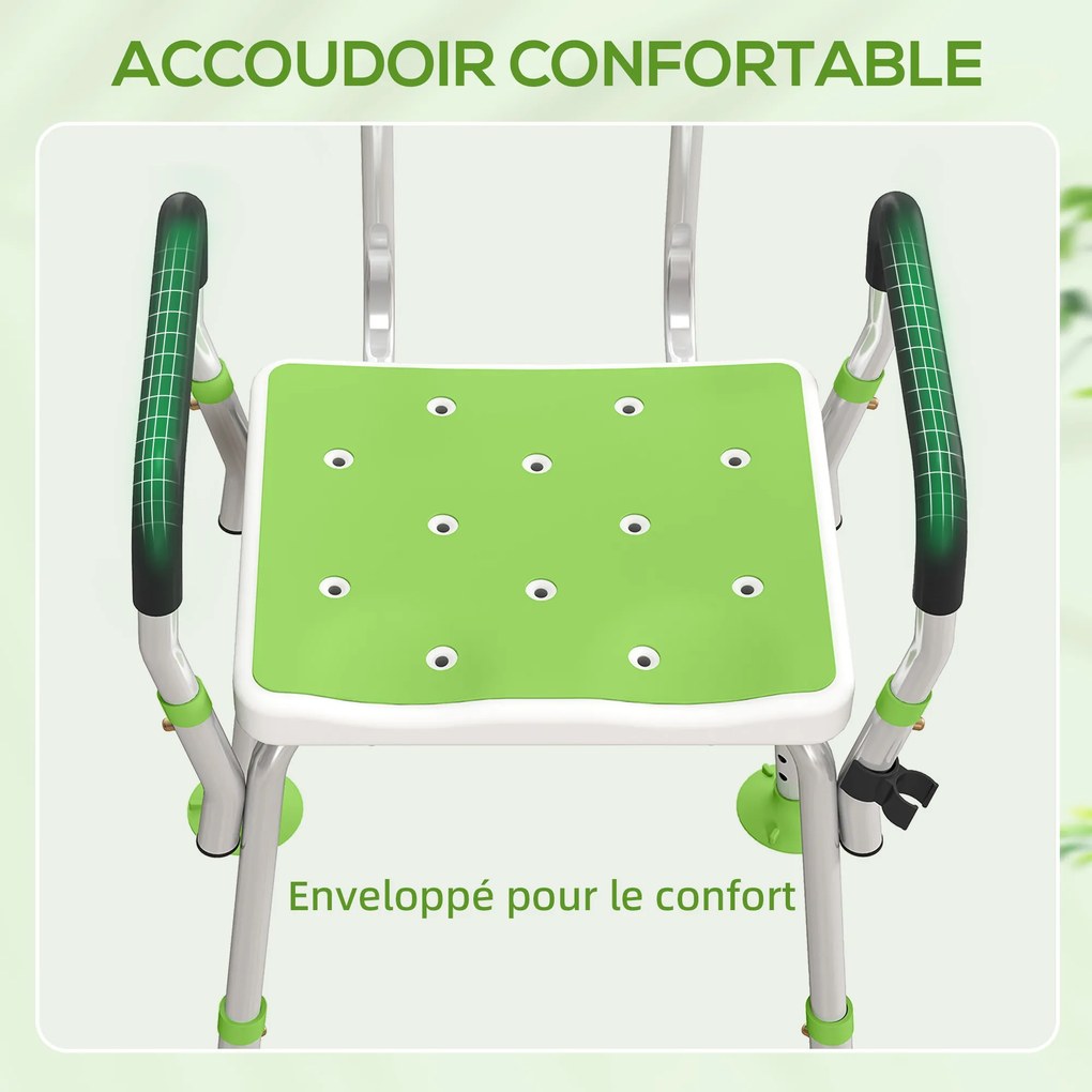 Banco de duche, cadeira de duche ergonómica, altura ajustável, pés antiderrapantes, 56,5 x 53,5 x 87 cm, branco e verde