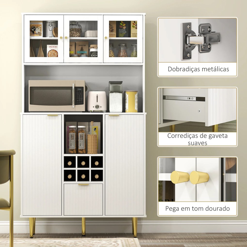 Armário de Cozinha Móvel Auxiliar de Cozinha Armário Alto com 3 Portas de Vidro Suporte para Garrafas 100x40x180 cm Branco