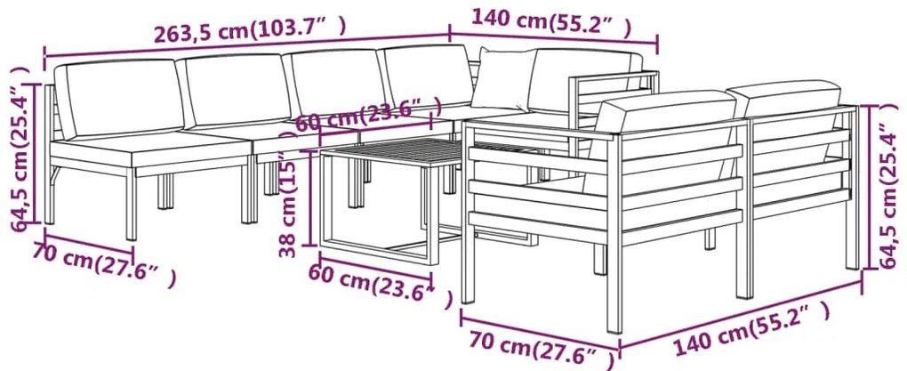 8 pcs conjunto lounge jardim com almofadões alumínio antracite
