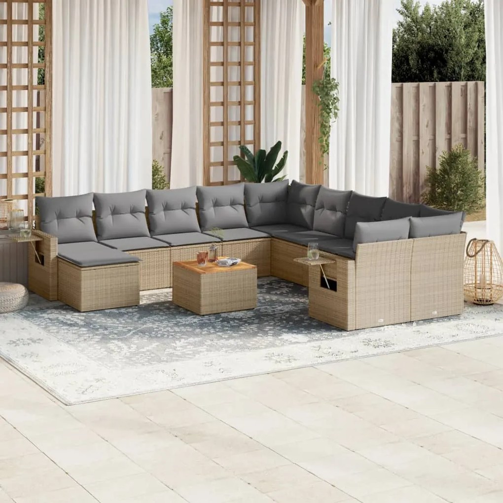 vidaXL 12 pcs conjunto de sofás p/ jardim com almofadões vime PE bege