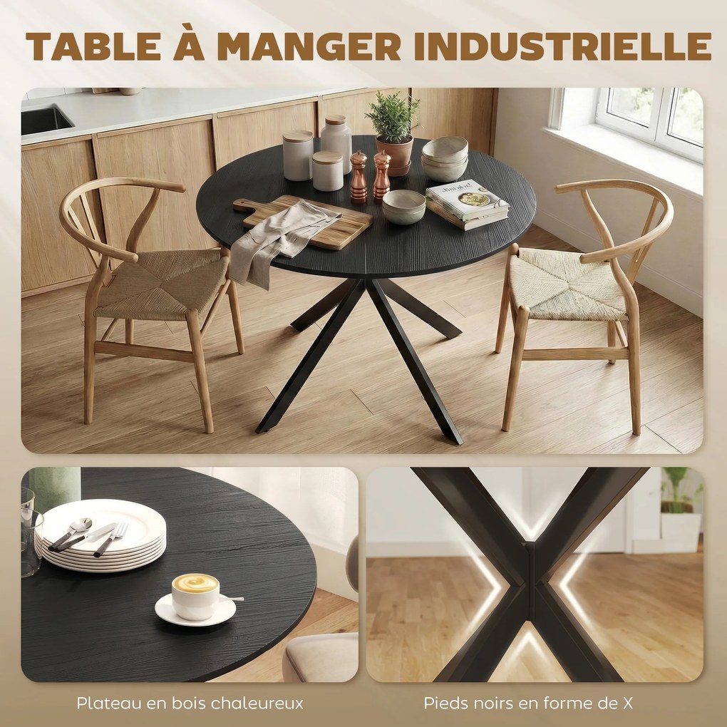 Mesa de Jantar Redonda, 100 x 100 x 75 cm (CADEIRAS NÃO INCLUIDAS), Tampo com Aspeto de Madeira, Preto