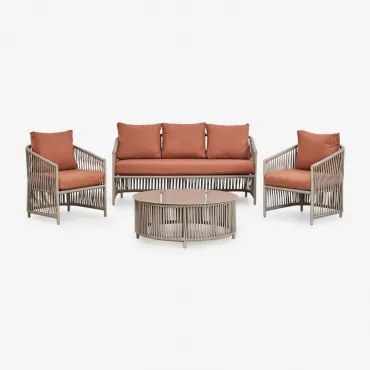 Conjunto De Jardim Com Sofá De 2 Lugares, 2 Poltronas E Mesas De Centro Em Alumínio E Corda Trançada Sophie. Vermelho Argila - Castanho Moka - Sklum