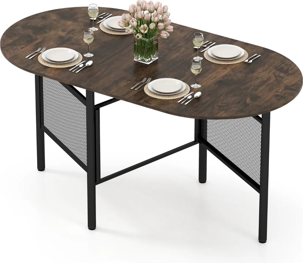 Mesa de jantar dobrável oval com abas rebatíveis para 6-8 pessoas, 150 x 80 x 76 cm, com pés metálicos Estilo Industrial castanho Rústico + preto