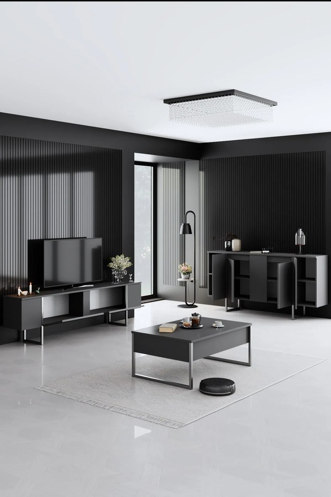 Conjunto de Mobiliário de Sala Luxe – Antracite e Prateado – Móveis co