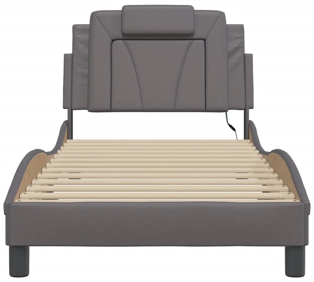 Estrutura cama c/ luzes LED 90x190 cm couro artificial cinzento