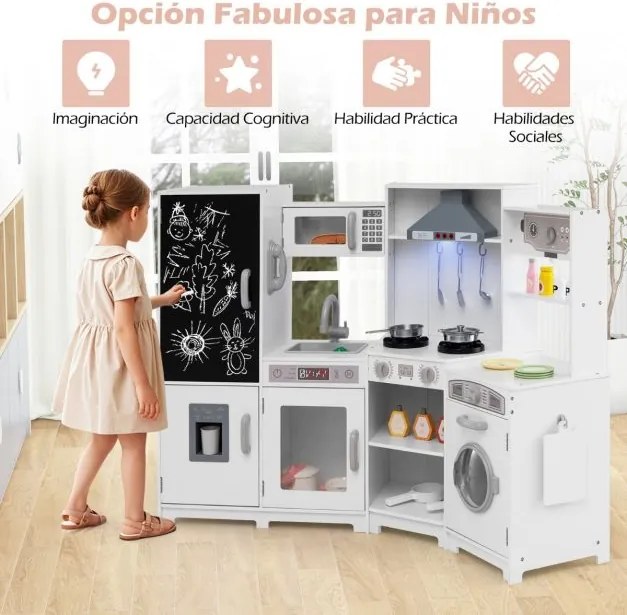 Cozinha de brinquedo de madeira com luzes e sons com quadro negro e acessórios de cozinha para crianças 131 x 47 x 92 cm branco