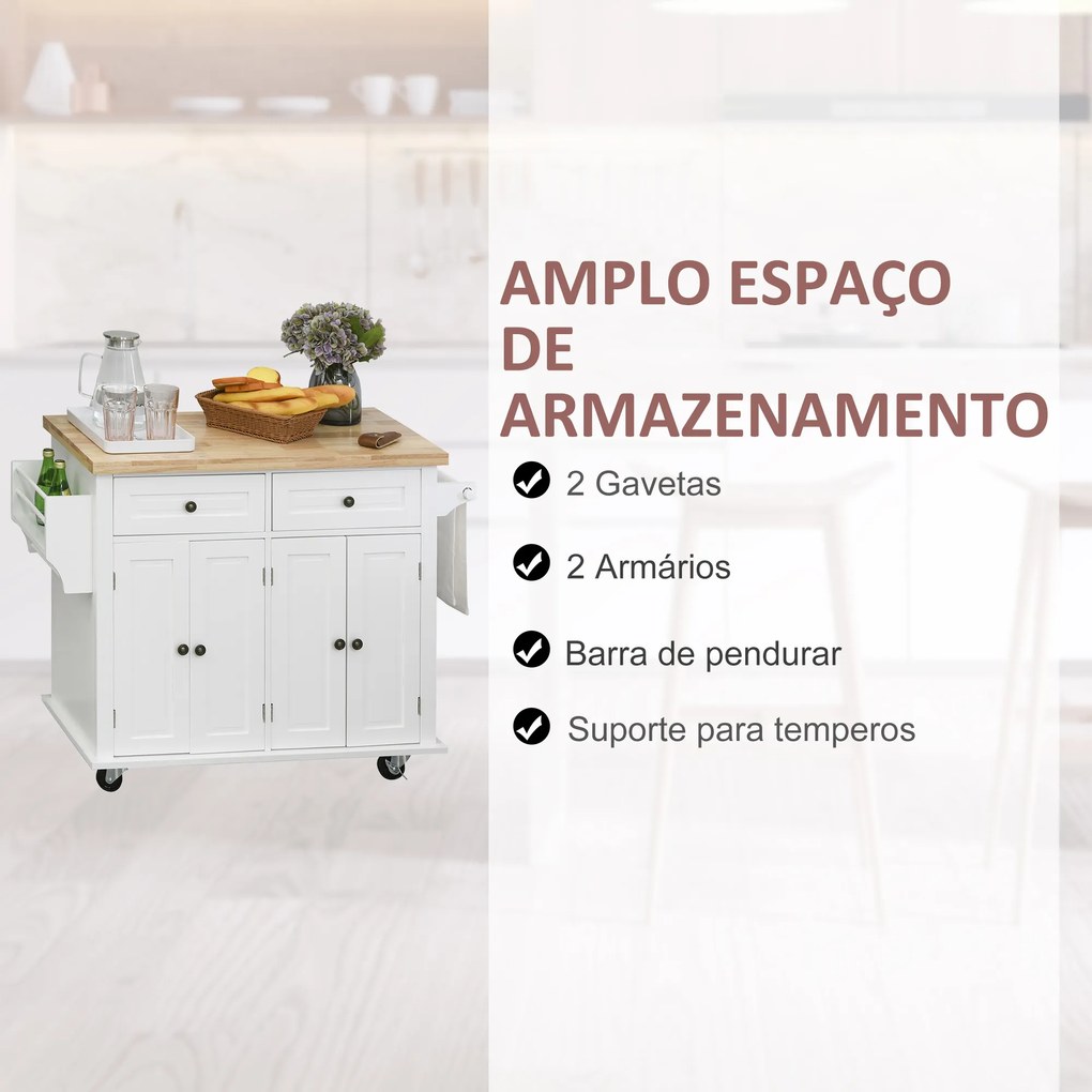 Ilha de Cozinha com Rodas Móvel Auxiliar de Cozinha com 2 Gavetas 4 Portas Suporte para Temperos e Barra Lateral 111x44,5x82,5cm Branco e Madeira