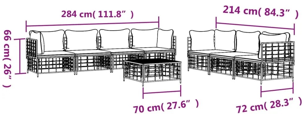 8 pcs conjunto lounge de jardim c/ almofadões vime PE antracite