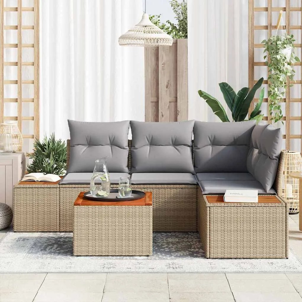 Conjunto de Sofá de Jardim de 5 Peças com Almofadas Beje em Rattan Sin