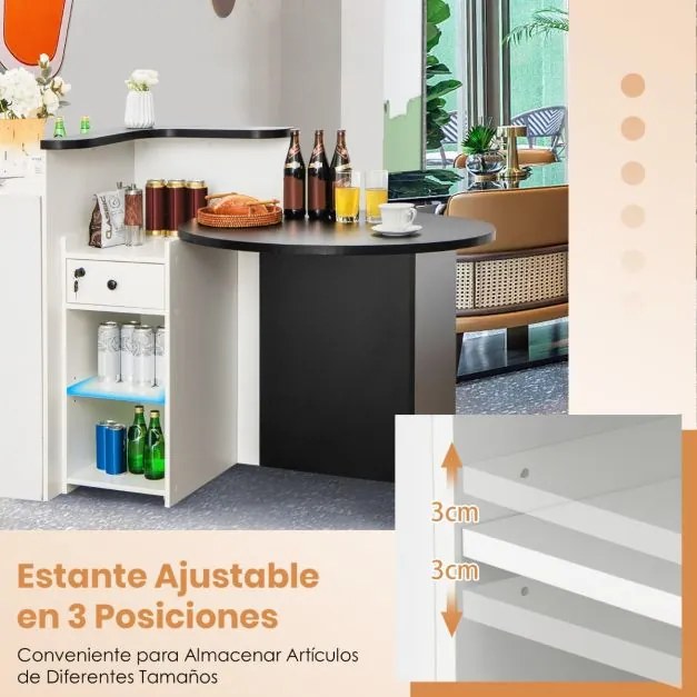 Balcão de recepção oval 120 x 70 x 100 cm com gaveta com fechadura Prateleira ajustável Balcão de retalho para caixa Branco