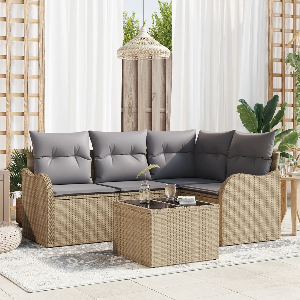 vidaXL Conjunto de Sofá de Jardim de 5 Peças com Almofadas em Rattan Poliéster Preto