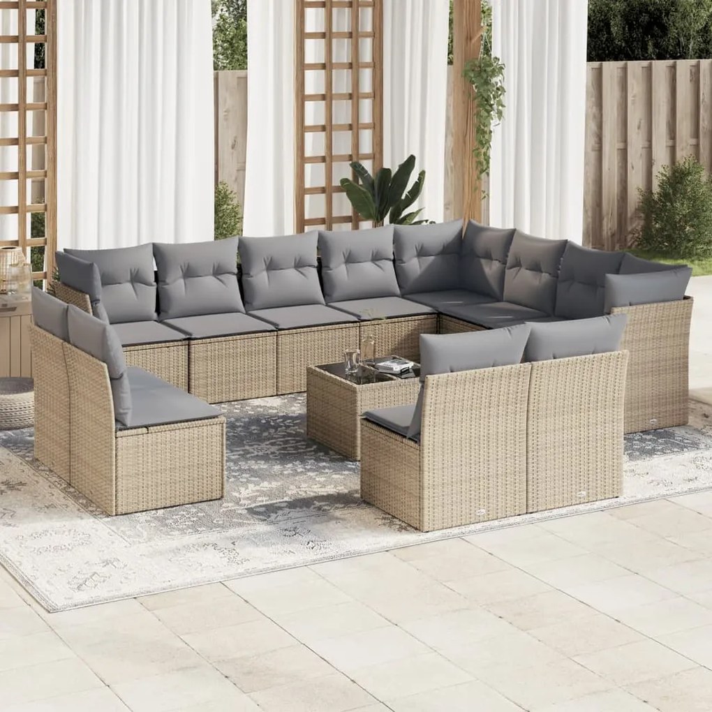 13 pcs conjunto de sofás p/ jardim com almofadões vime PE bege