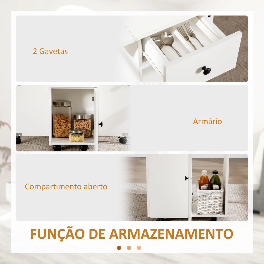 HOMCOM Mesa de Jantar Dobrável com Rodas Mesa Abatível com 2 Gavetas e Armário Mesa Auxiliar Multifuncional para Estúdio Cozinha 120x60x76,5cm Branco