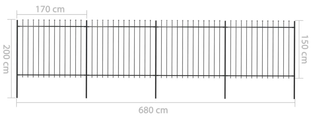 Cerca de jardim com topo em lanças 6,8x1,5 m aço preto