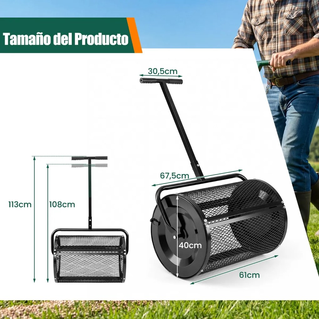 Espalhador de composto para Jardim de 31 cm com rolo para turfa e cabo em T ajustável em altura, com cesto de malha metálica para jardim ou relvado, p