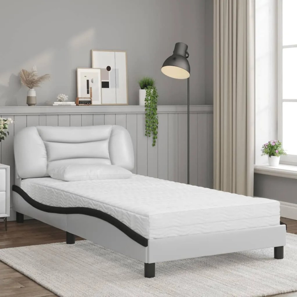 Cama com colchão 100x200 cm couro artificial branco e preto