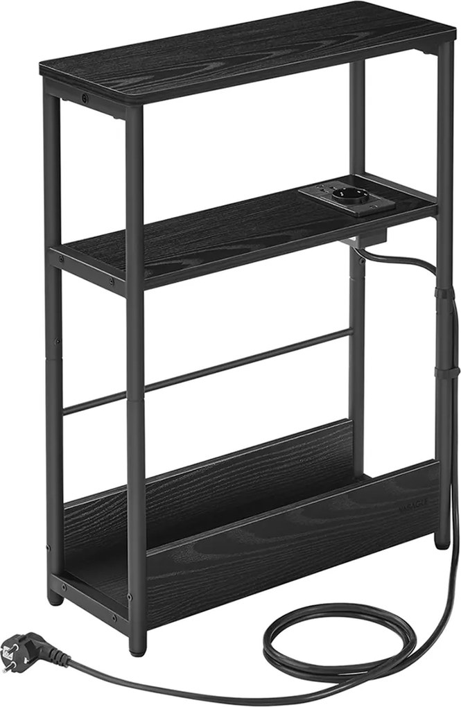 Mesa de cabeçeira ou Mesa de apoio, com 1 tomada e 2 portas USB e 3 prateleiras estreitas 18 x 45 x 58 cm Preto