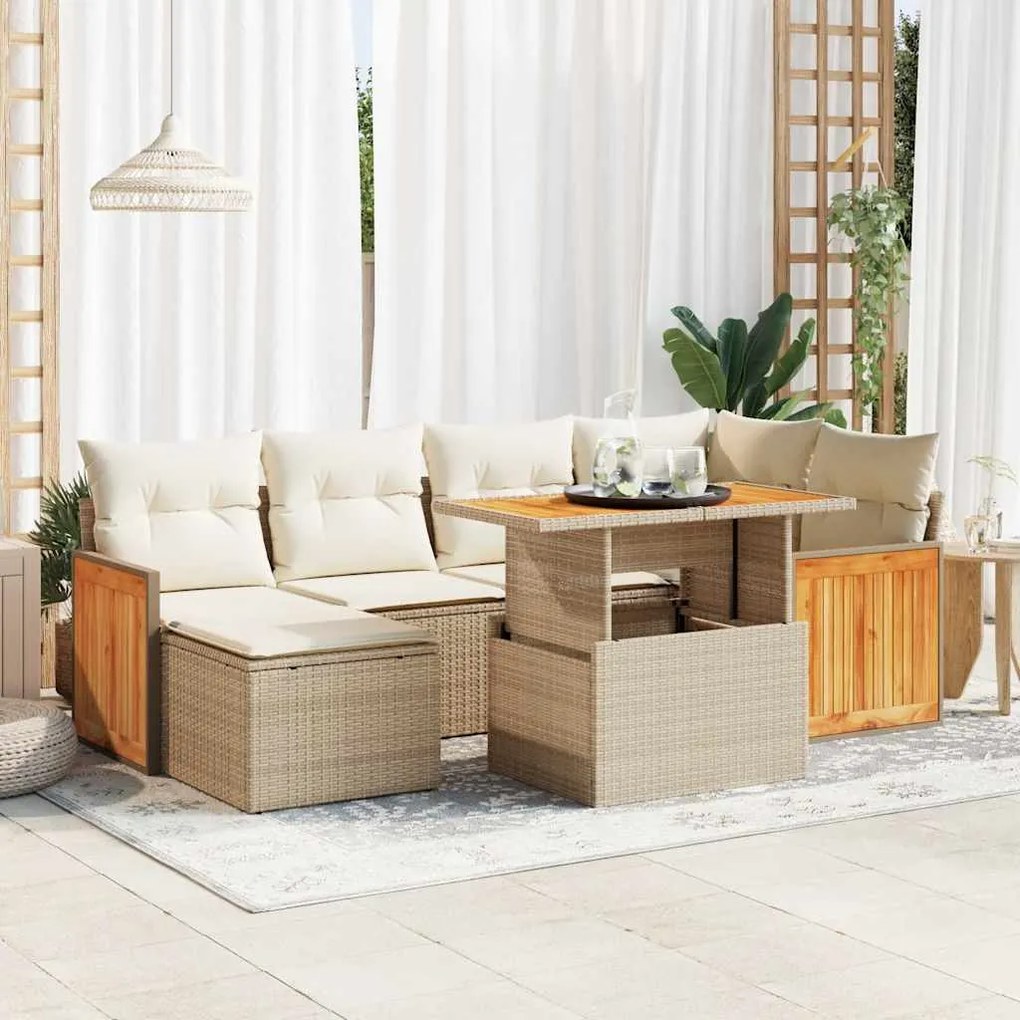 7 pcs conjunto sofás jardim com almofadões vime PE/acácia bege